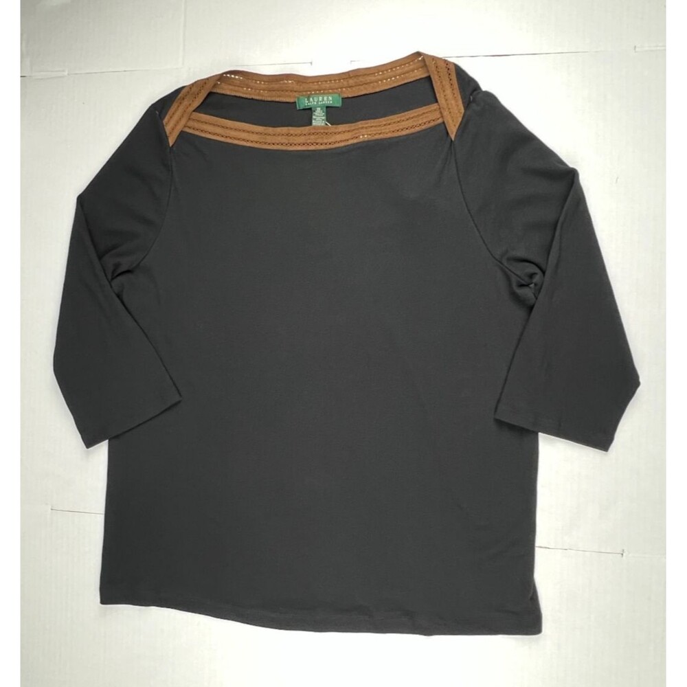 LAUREN RALPH LAUREN Woman Top 2X Black Faux Suede Trim Boat Neck NWT